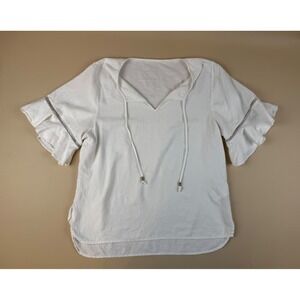Coastal Boho Linen Blouse Ruffle Crochet Sleeve White M Thread Collective